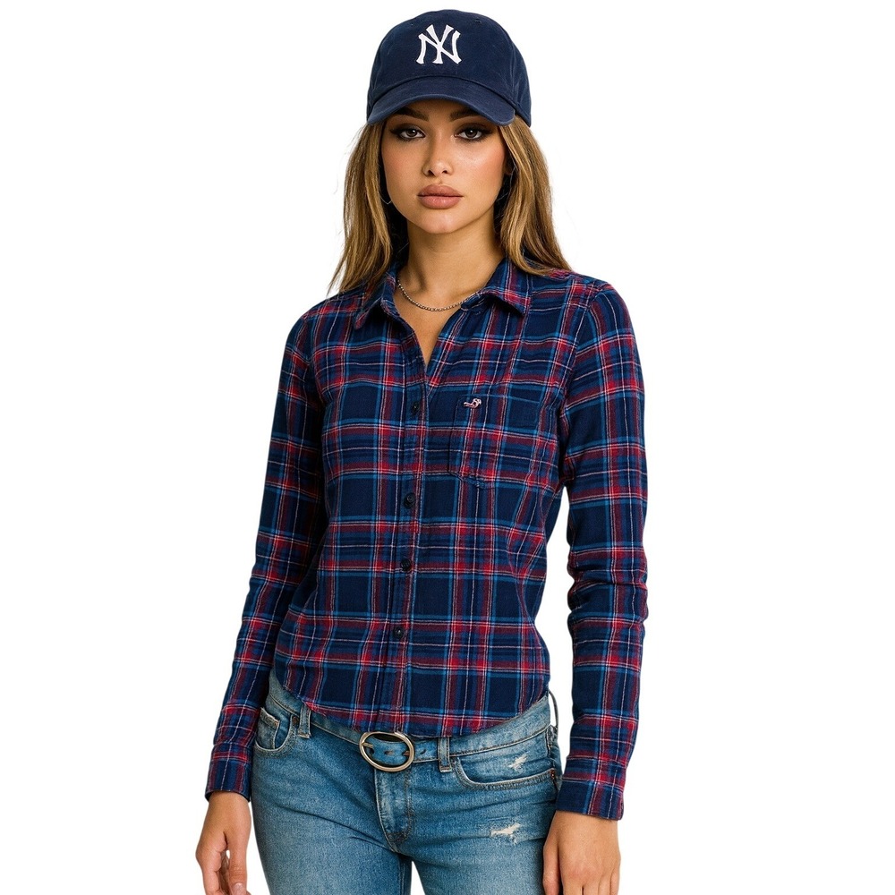 Hollister Y2K California Womens Red Blue Plaid Flannel Shirt‎ Long Sleeve Pocket